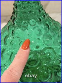 Vintage Glass Hobnail MCM Italy Squat Decanter Genie Bottle with Stopper Green