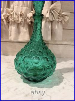 Vintage Glass Hobnail MCM Italy Squat Decanter Genie Bottle with Stopper Green
