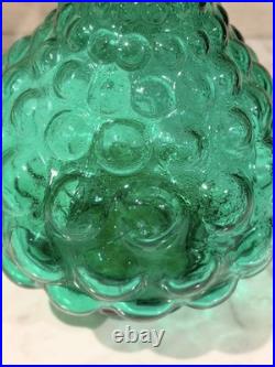Vintage Glass Hobnail MCM Italy Squat Decanter Genie Bottle with Stopper Green