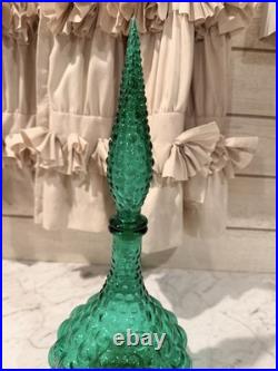 Vintage Glass Hobnail MCM Italy Squat Decanter Genie Bottle with Stopper Green