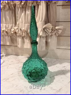 Vintage Glass Hobnail MCM Italy Squat Decanter Genie Bottle with Stopper Green