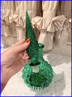 Vintage Glass Hobnail MCM Italy Squat Decanter Genie Bottle with Stopper Green