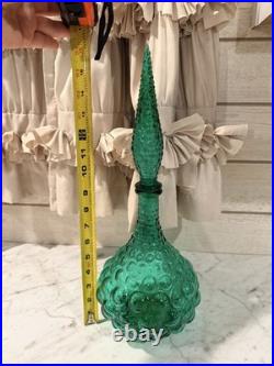 Vintage Glass Hobnail MCM Italy Squat Decanter Genie Bottle with Stopper Green