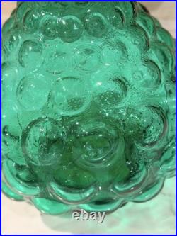 Vintage Glass Hobnail MCM Italy Squat Decanter Genie Bottle with Stopper Green