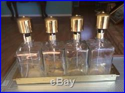 Vintage Glass Liquor Decanter Set of 4 on Brass. Tray