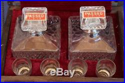 Vintage Glass Liquor Decanters & Glasses Wood Chest Bar Set