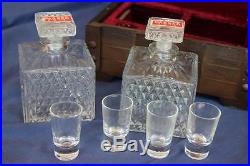 Vintage Glass Liquor Decanters & Glasses Wood Chest Bar Set