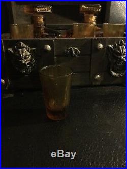 Vintage Glass Liquor Decanters & Glasses Wood Chest Bar Set AMBER