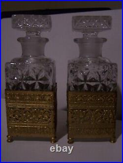 Vintage Glass Liquor Decanters Gold Tone Metal & Porcelain Victorian Fragonard