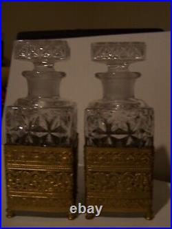 Vintage Glass Liquor Decanters Gold Tone Metal & Porcelain Victorian Fragonard