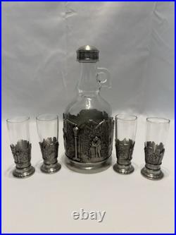 Vintage Glass & Pewter 5 Piece Ornate Liquor & Shot Glasses Decanter Set