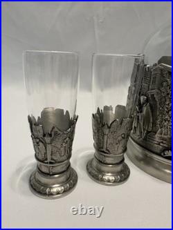 Vintage Glass & Pewter 5 Piece Ornate Liquor & Shot Glasses Decanter Set