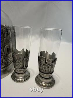 Vintage Glass & Pewter 5 Piece Ornate Liquor & Shot Glasses Decanter Set