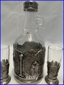Vintage Glass & Pewter 5 Piece Ornate Liquor & Shot Glasses Decanter Set