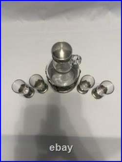 Vintage Glass & Pewter 5 Piece Ornate Liquor & Shot Glasses Decanter Set