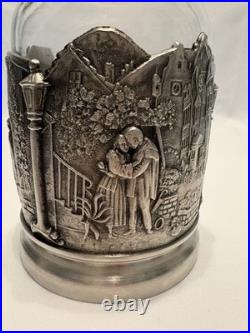 Vintage Glass & Pewter 5 Piece Ornate Liquor & Shot Glasses Decanter Set