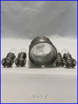 Vintage Glass & Pewter 5 Piece Ornate Liquor & Shot Glasses Decanter Set