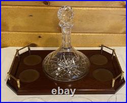 Vintage Glass SHIPS CAPTAIN Decanter Wood Tray 4 Old Fashioned Glasses BAR SET