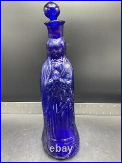 Vintage Glass Virgin Mary Figural Decanter Stopper Handle Cobalt Blue