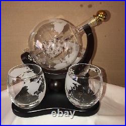 Vintage Godinger Glass World Ship In Bottle Decanter & 4 Glasses Barware Nice