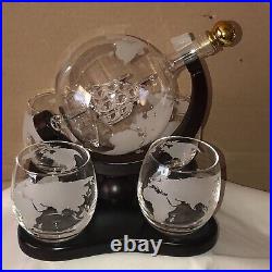 Vintage Godinger Glass World Ship In Bottle Decanter & 4 Glasses Barware Nice