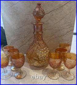 Vintage Grape Pattern Carnival Glass Decanter Set, Estate Find