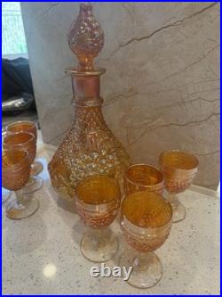 Vintage Grape Pattern Carnival Glass Decanter Set, Estate Find
