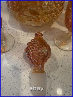 Vintage Grape Pattern Carnival Glass Decanter Set, Estate Find