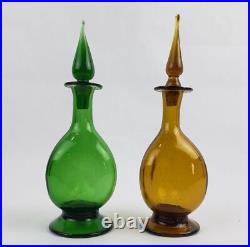Vintage Green & Amber Blown Art Glass Genie Decanter Bottle Set with Stoppers