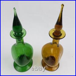 Vintage Green & Amber Blown Art Glass Genie Decanter Bottle Set with Stoppers
