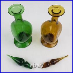 Vintage Green & Amber Blown Art Glass Genie Decanter Bottle Set with Stoppers