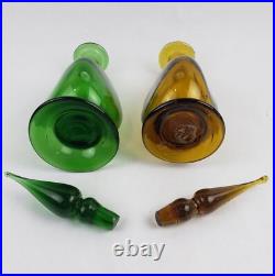 Vintage Green & Amber Blown Art Glass Genie Decanter Bottle Set with Stoppers