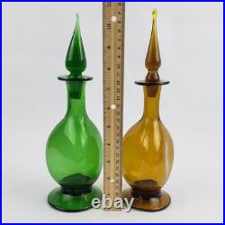 Vintage Green & Amber Blown Art Glass Genie Decanter Bottle Set with Stoppers