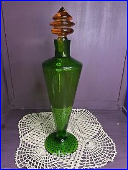 Vintage Green Art Deco Style Decanter Amber Orange Stopper 15