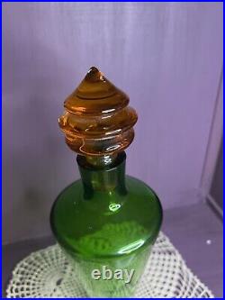 Vintage Green Art Deco Style Decanter Amber Orange Stopper 15