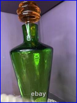 Vintage Green Art Deco Style Decanter Amber Orange Stopper 15