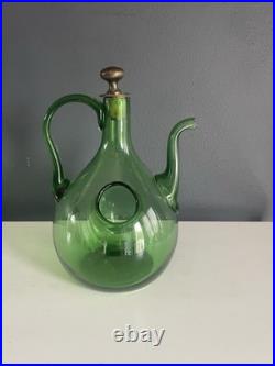 Vintage Green Blown Glass Wine Decanter Ice Chamber Cork Stopper MCM 10.5in