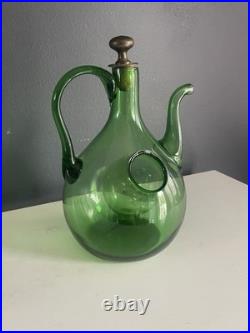 Vintage Green Blown Glass Wine Decanter Ice Chamber Cork Stopper MCM 10.5in