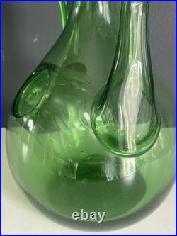 Vintage Green Blown Glass Wine Decanter Ice Chamber Cork Stopper MCM 10.5in
