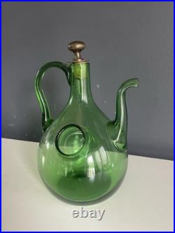Vintage Green Blown Glass Wine Decanter Ice Chamber Cork Stopper MCM 10.5in