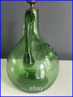 Vintage Green Blown Glass Wine Decanter Ice Chamber Cork Stopper MCM 10.5in