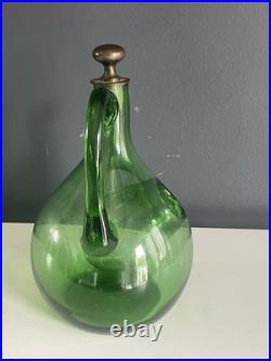 Vintage Green Blown Glass Wine Decanter Ice Chamber Cork Stopper MCM 10.5in