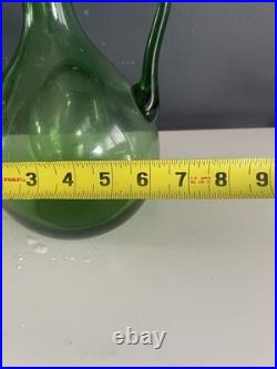 Vintage Green Blown Glass Wine Decanter Ice Chamber Cork Stopper MCM 10.5in