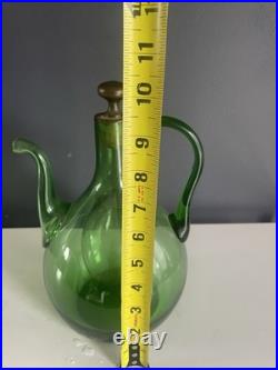Vintage Green Blown Glass Wine Decanter Ice Chamber Cork Stopper MCM 10.5in