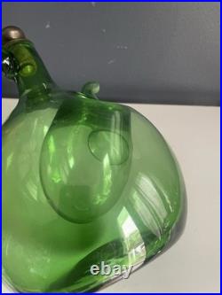 Vintage Green Blown Glass Wine Decanter Ice Chamber Cork Stopper MCM 10.5in