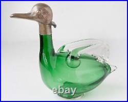 Vintage Green Bohemian Glass Duck Decanter with Brass Head Made in Czechoslovakia