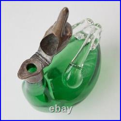 Vintage Green Bohemian Glass Duck Decanter with Brass Head Made in Czechoslovakia