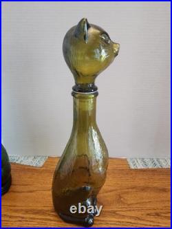 Vintage Green Cat Decanter Italian Glass 14 tall