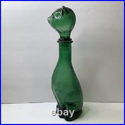 Vintage Green Cat Glass Decanter MCM Italian 14 3/4 with Head Stopper