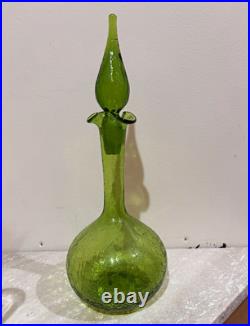 Vintage Green Crackle Glass Decanter Flame Stopper Ruffled Rim MCM 15